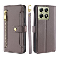 Handykette Xiaomi 14T Hülle mit Band Handyhülle Kartenfächer PU Leder Umhängetasche Grau