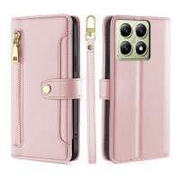 Handykette Xiaomi 14T Hülle mit Band Handyhülle Kartenfächer PU Leder Umhängetasche Rosa