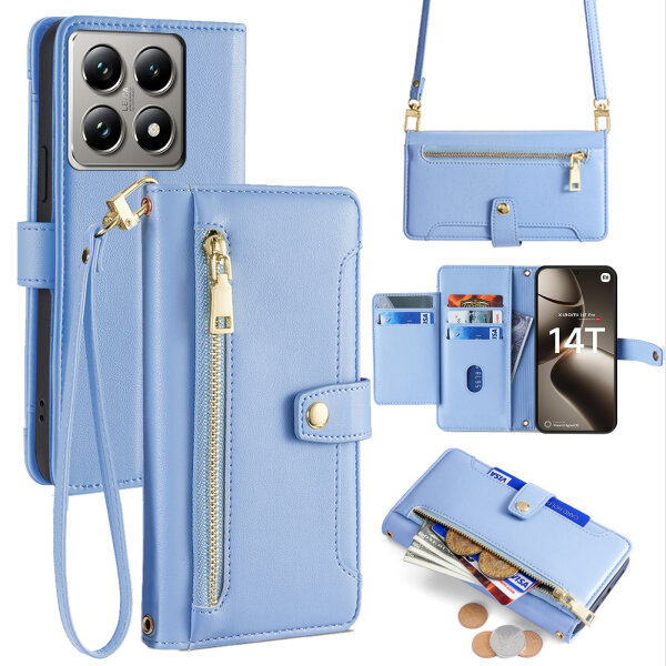 Handykette Xiaomi 14T Pro Hülle mit Band Handyhülle Kartenfächer PU Leder Umhängetasche Hellblau