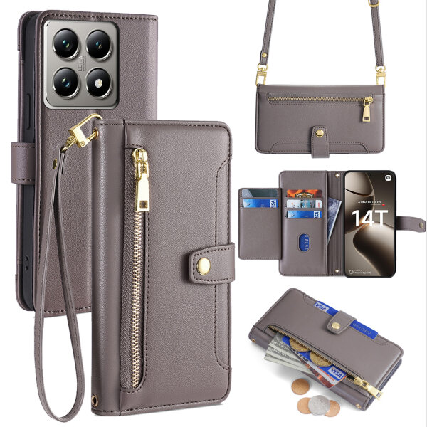 Handykette Xiaomi 14T Pro Hülle mit Band Handyhülle Kartenfächer PU Leder Umhängetasche Grau