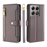 Handykette Xiaomi 14T Pro Hülle mit Band Handyhülle Kartenfächer PU Leder Umhängetasche Grau