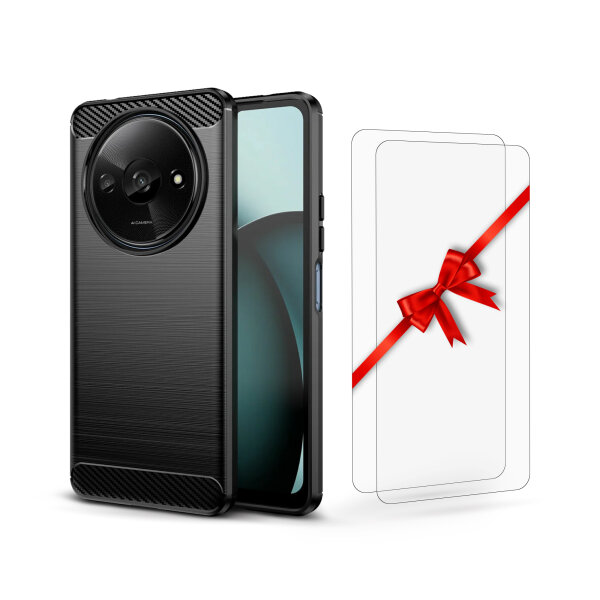 SPARSET Carbon Hülle + 2x 9H Panzerfolie für Xiaomi Redmi A3, Schutz Outdoor Case Cover