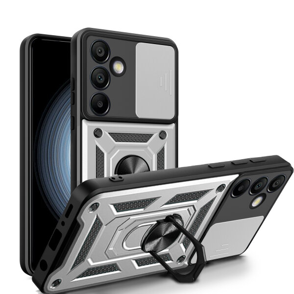 Outdoor Panzer Hülle für Samsung Galaxy S24 FE mit Kameraschutz Ringhalter Bumper in Silber