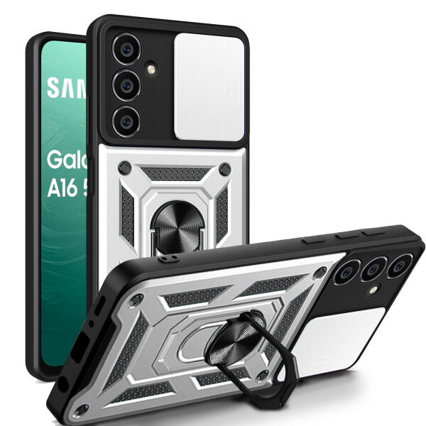 Outdoor Panzer Hülle für Samsung Galaxy A16 mit Kameraschutz Ringhalter Bumper in Silber