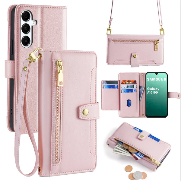 Handykette für Samsung Galaxy A16 Hülle mit Band Handyhülle Kartenfächer PU Leder Umhängetasche in Rosa