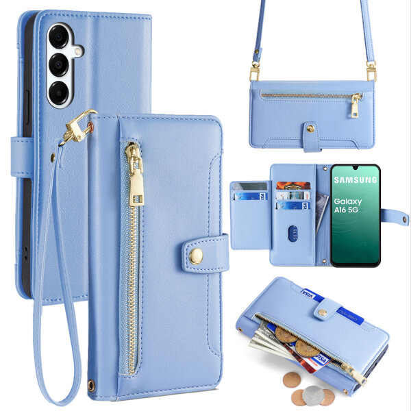 Handykette für Samsung Galaxy A16 Hülle mit Band Handyhülle Kartenfächer PU Leder Umhängetasche in Hellblau