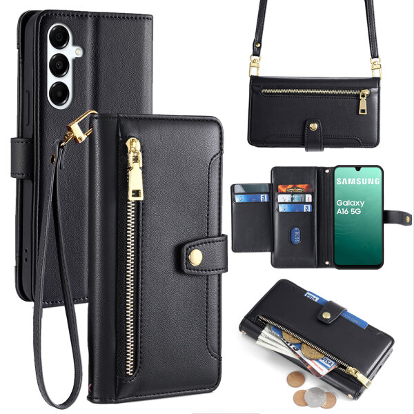 Handykette für Samsung Galaxy A16 Hülle mit Band Handyhülle Kartenfächer PU Leder Umhängetasche in Schwarz