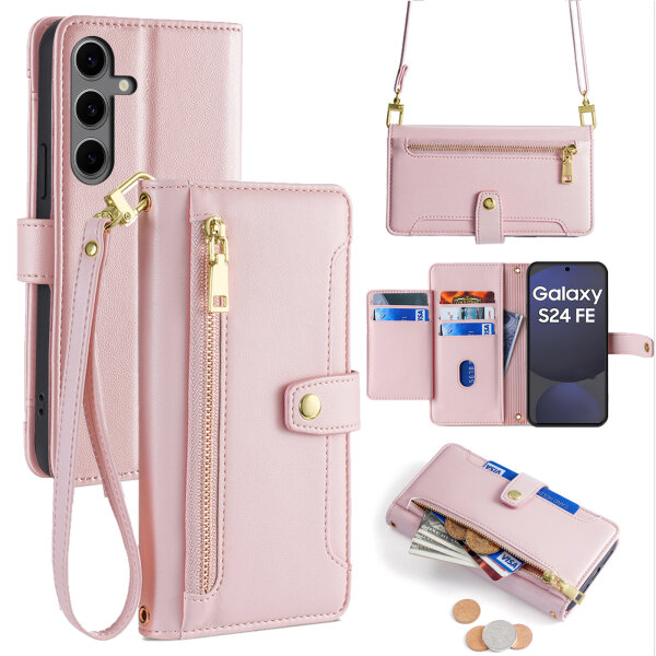 Handykette für Samsung Galaxy S24 FE Hülle mit Band Handyhülle Kartenfächer PU Leder Umhängetasche in Rosa