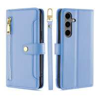 Handykette für Samsung Galaxy S24 FE Hülle mit Band Handyhülle Kartenfächer PU Leder Umhängetasche in Hellblau