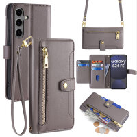 Handykette für Samsung Galaxy S24 FE Hülle mit Band Handyhülle Kartenfächer PU Leder Umhängetasche in Grau