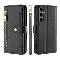 Handykette für Samsung Galaxy S24 FE Hülle mit Band Handyhülle Kartenfächer PU Leder Umhängetasche in Schwarz