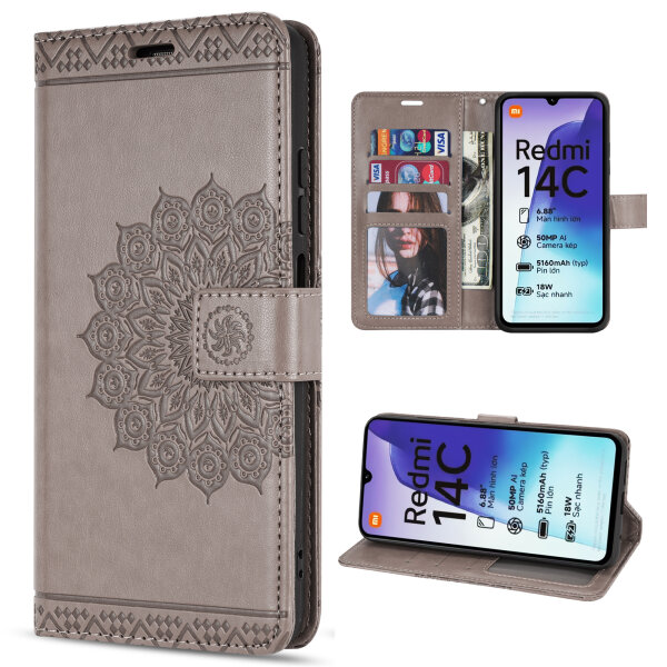 Handy Tasche für Xiaomi Redmi 14C / Poco C75 Hülle Handyhülle Klapphülle Wallet Case in Grau