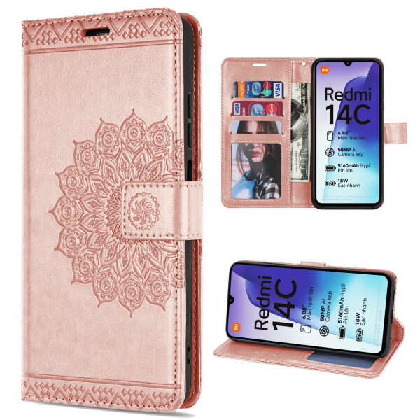 Handy Tasche für Xiaomi Redmi 14C / Poco C75 Hülle Handyhülle Klapphülle Wallet Case in Rosegold