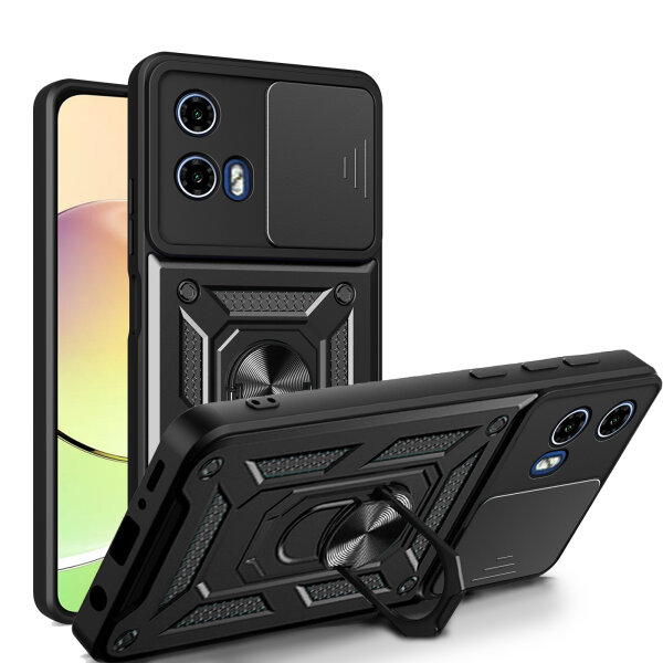 Outdoor Panzer Hülle Motorola Moto G34 Handyhülle mit Kameraschutz Ringhalter in Schwarz