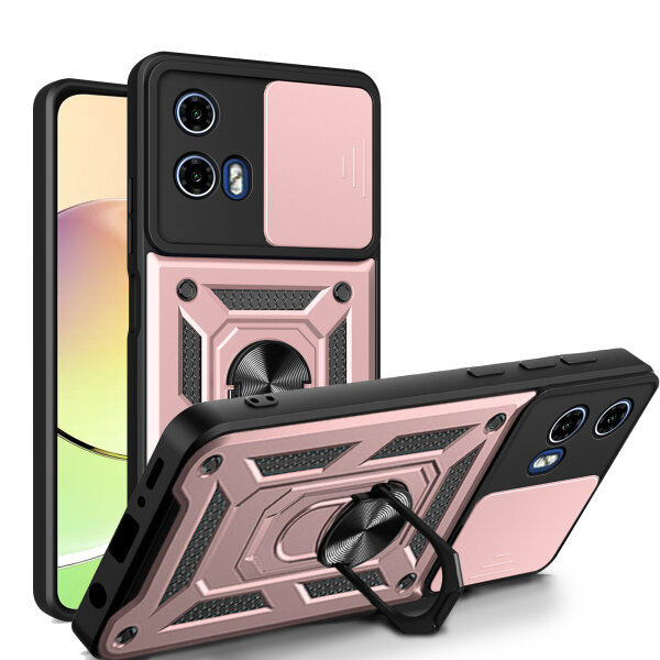 Outdoor Panzer Hülle Motorola Moto G34 Handyhülle mit Kameraschutz Ringhalter in Rosegold