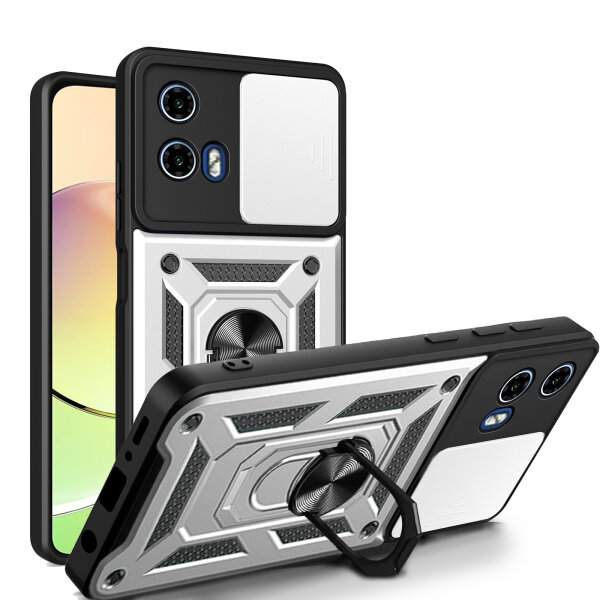 Outdoor Panzer Hülle Motorola Moto G34 Handyhülle mit Kameraschutz Ringhalter in Silber
