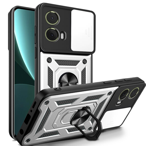 Outdoor Panzer Hülle Motorola Moto G85 Handyhülle mit Kameraschutz Ringhalter in Silber