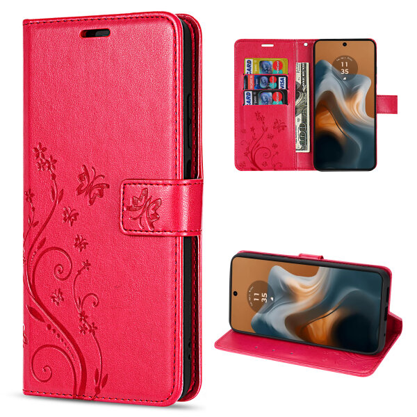 Hülle Motorola Moto G34 Handyhülle mit [Standfunktion][Kartenfächern] in Rot