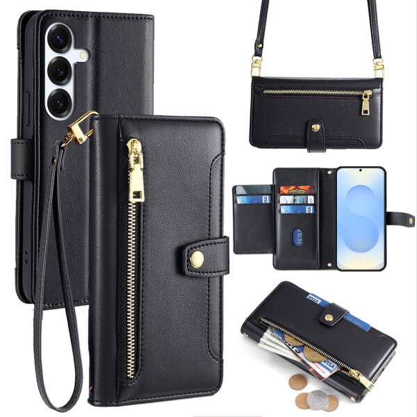 Handykette Samsung Hülle mit Band Handyhülle Kartenfächer PU Leder Umhängetasche Galaxy S25 in Schwarz
