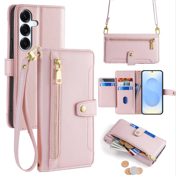 Handykette Samsung Hülle mit Band Handyhülle Kartenfächer PU Leder Umhängetasche Galaxy S25 in Rosa