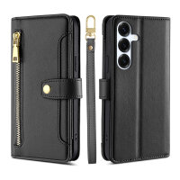 Handykette Samsung Hülle mit Band Handyhülle Kartenfächer PU Leder Umhängetasche Galaxy S25+ in Schwarz