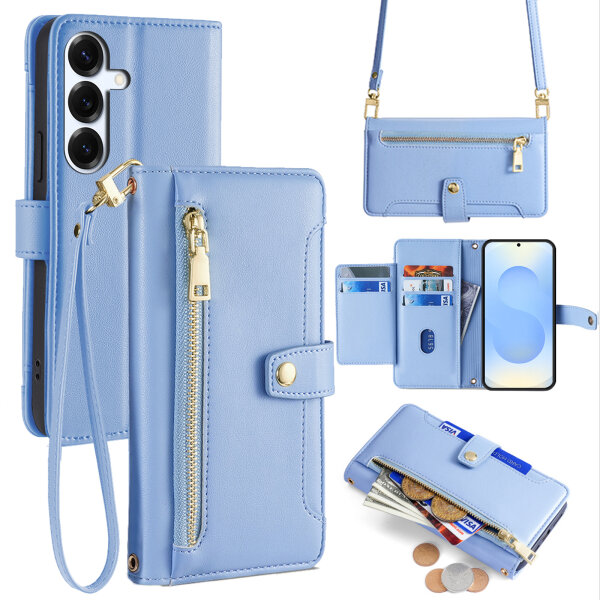 Handykette Samsung Hülle mit Band Handyhülle Kartenfächer PU Leder Umhängetasche Galaxy S25+ in Hellblau