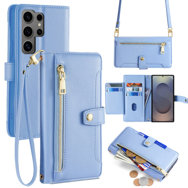Handykette Samsung Hülle mit Band Handyhülle Kartenfächer PU Leder Umhängetasche Galaxy S25 Ultra in Hellblau
