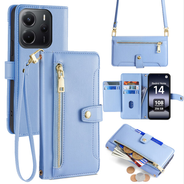 Handykette Xiaomi Redmi Note 14 4G Hülle mit Band Handyhülle Kartenfächer PU Leder Umhängetasche in Hellblau