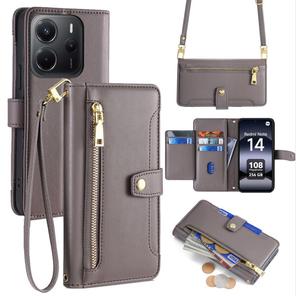 Handykette Xiaomi Redmi Note 14 4G Hülle mit Band Handyhülle Kartenfächer PU Leder Umhängetasche in Grau