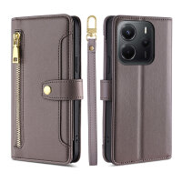 Handykette Xiaomi Redmi Note 14 4G Hülle mit Band Handyhülle Kartenfächer PU Leder Umhängetasche in Grau