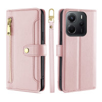 Handykette Xiaomi Redmi Note 14 4G Hülle mit Band Handyhülle Kartenfächer PU Leder Umhängetasche in Rosa