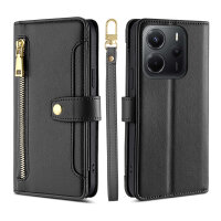 Handykette Xiaomi Redmi Note 14 5G Hülle mit Band Handyhülle Kartenfächer PU Leder Umhängetasche in Schwarz