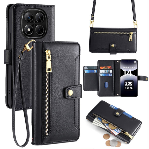 Handykette Xiaomi Redmi Note 14 Pro 4G Hülle mit Band Handyhülle Kartenfächer PU Leder Umhängetasche in Schwarz