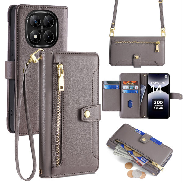 Handykette Xiaomi Redmi Note 14 Pro 4G Hülle mit Band Handyhülle Kartenfächer PU Leder Umhängetasche in Grau