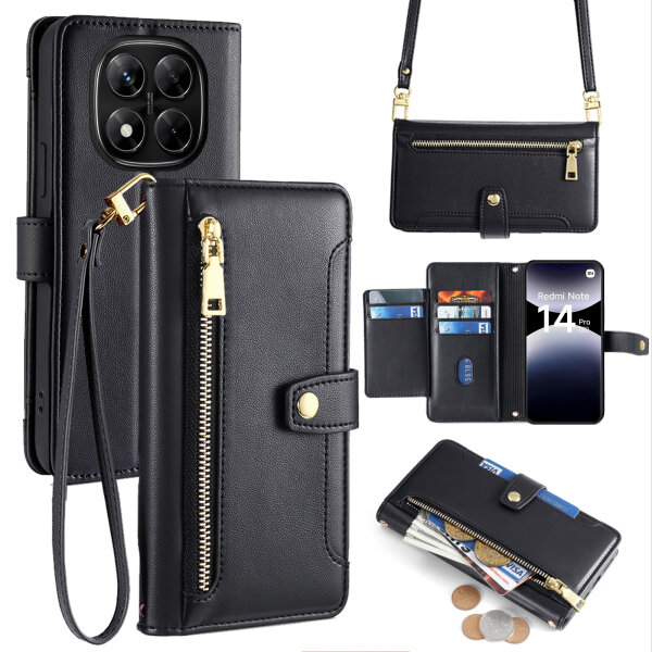 Handykette Xiaomi Redmi Note 14 Pro 5G Hülle mit Band Handyhülle Kartenfächer PU Leder Umhängetasche in Schwarz