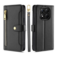 Handykette Xiaomi Redmi Note 14 Pro 5G Hülle mit Band Handyhülle Kartenfächer PU Leder Umhängetasche in Schwarz