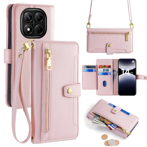 Handykette Xiaomi Redmi Note 14 Pro 5G Hülle mit Band Handyhülle Kartenfächer PU Leder Umhängetasche in Rosa