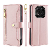 Handykette Xiaomi Redmi Note 14 Pro 5G Hülle mit Band Handyhülle Kartenfächer PU Leder Umhängetasche in Rosa