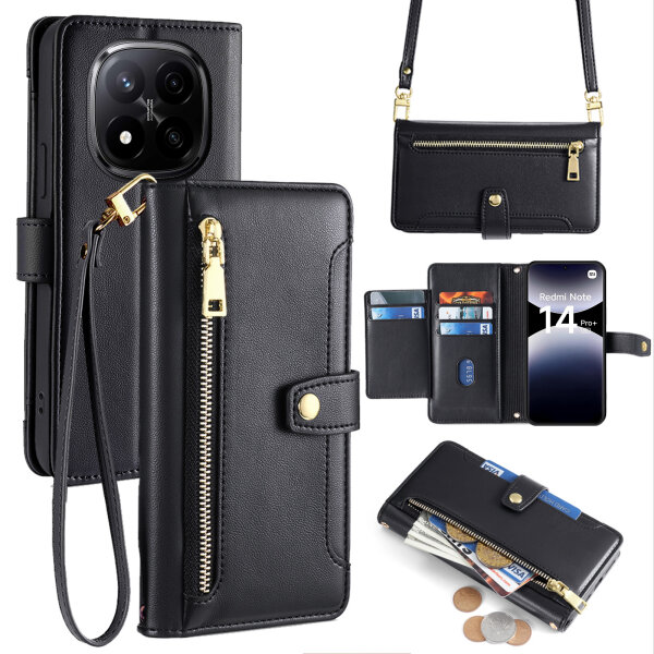 Handykette Xiaomi Redmi Note 14 Pro+ Hülle mit Band Handyhülle Kartenfächer PU Leder Umhängetasche in Schwarz