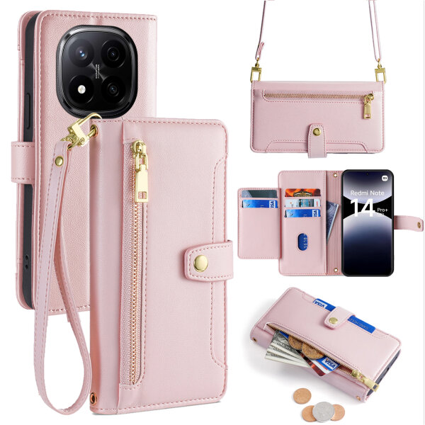 Handykette Xiaomi Redmi Note 14 Pro+ Hülle mit Band Handyhülle Kartenfächer PU Leder Umhängetasche in Rosa