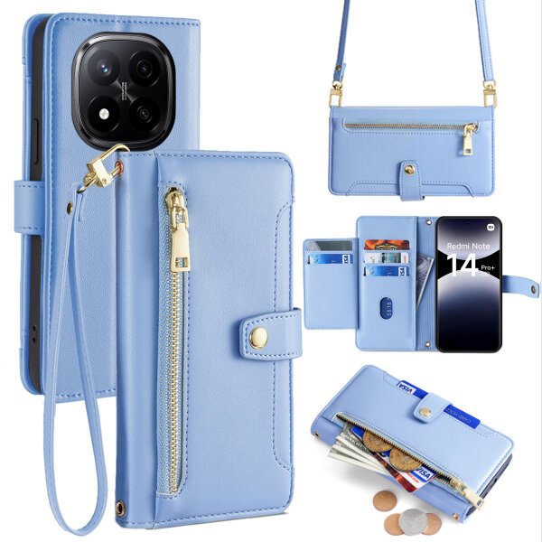 Handykette Xiaomi Redmi Note 14 Pro+ Hülle mit Band Handyhülle Kartenfächer PU Leder Umhängetasche in Hellblau