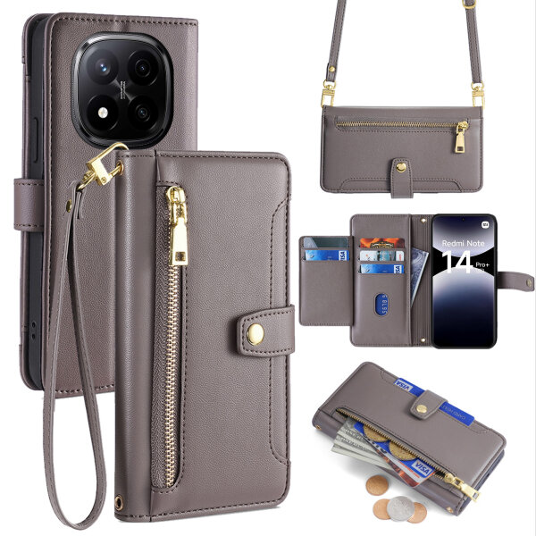 Handykette Xiaomi Redmi Note 14 Pro+ Hülle mit Band Handyhülle Kartenfächer PU Leder Umhängetasche in Grau