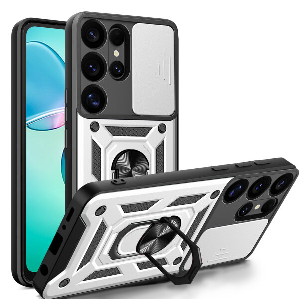 Outdoor Panzer Hülle für Samsung Galaxy S25 Ultra mit Kameraschutz Ringhalter in Silber