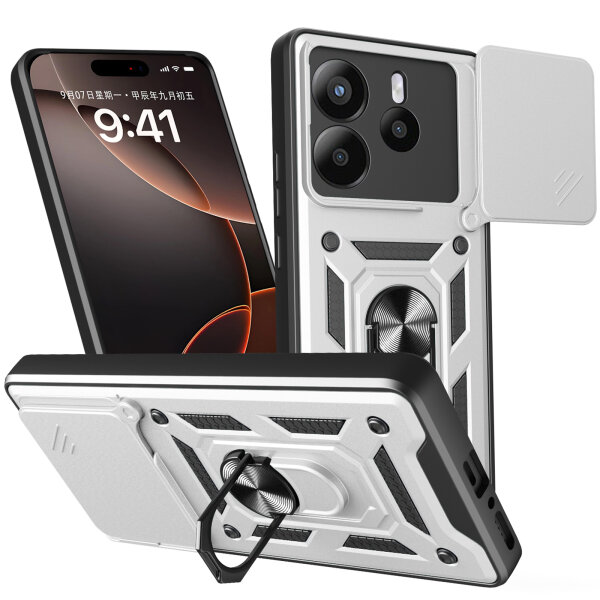 Outdoor Panzer Hülle für Xiaomi Redmi Note 14 4G Handyhülle Kameraschutz Ringhalter in Silber