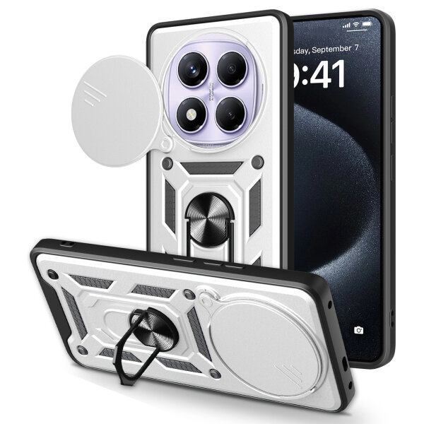 Outdoor Panzer Hülle für Xiaomi Redmi Note 14 Pro 4G Handyhülle Kameraschutz Ringhalter in Silber