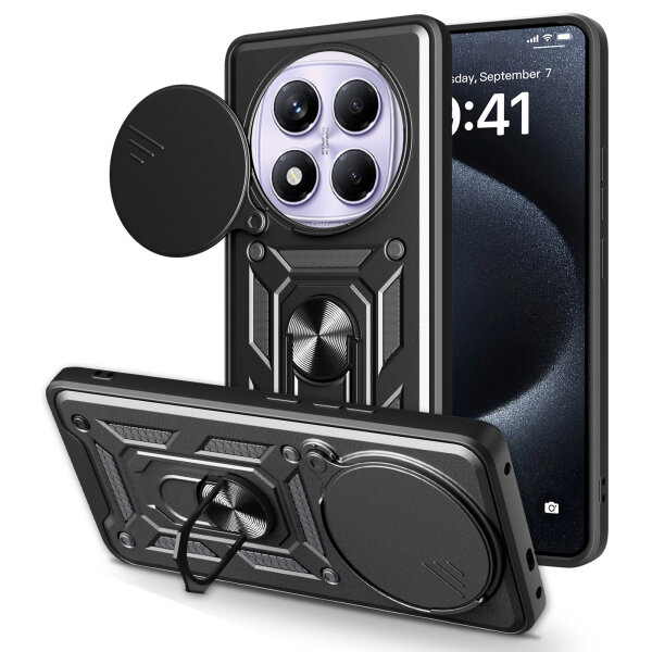 Outdoor Panzer Hülle für Xiaomi Redmi Note 14 Pro+ Handyhülle Kameraschutz Ringhalter in Schwarz