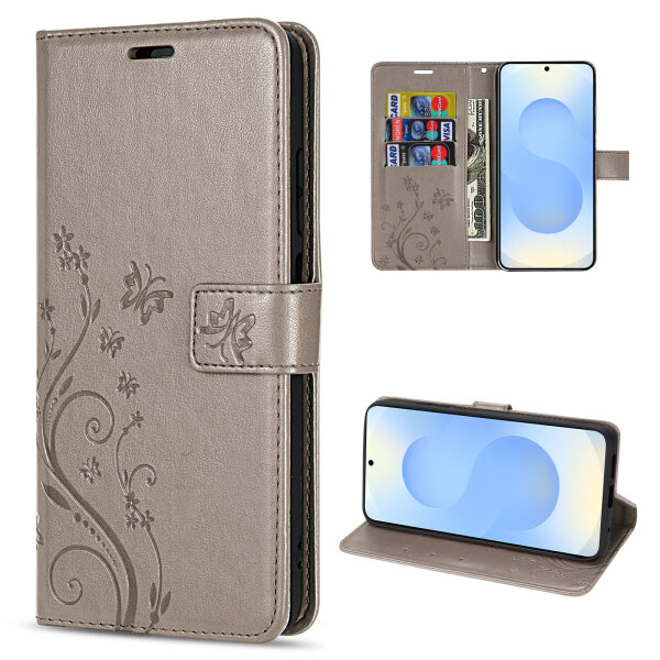 Hülle für Samsung Galaxy S25+ Handyhülle Handy Tasche Wallet Case Flip Cover in Grau