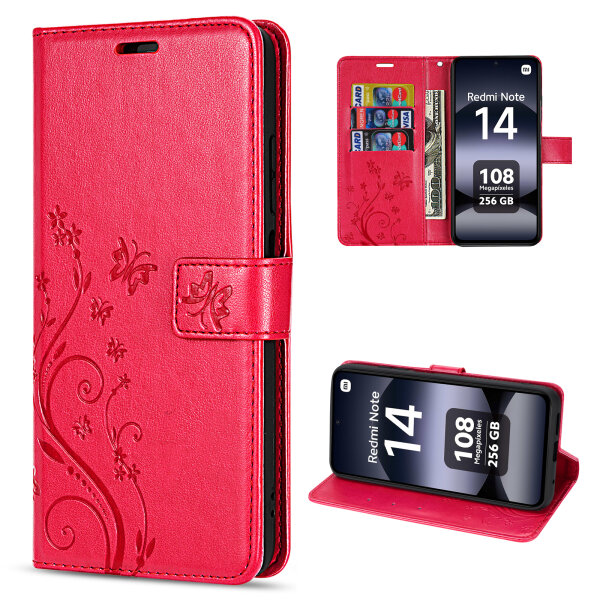 Hülle für Xiaomi Redmi Note 14 4G, Handy Tasche Handyhülle Wallet Case Flip Cover in Rot
