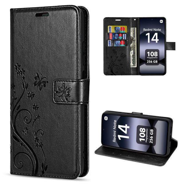 Hülle für Xiaomi Redmi Note 14 4G, Handy Tasche Handyhülle Wallet Case Flip Cover in Schwarz