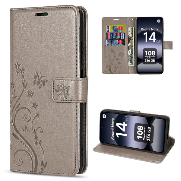 Hülle für Xiaomi Redmi Note 14 5G, Handy Tasche Handyhülle Wallet Case Flip Cover in Grau